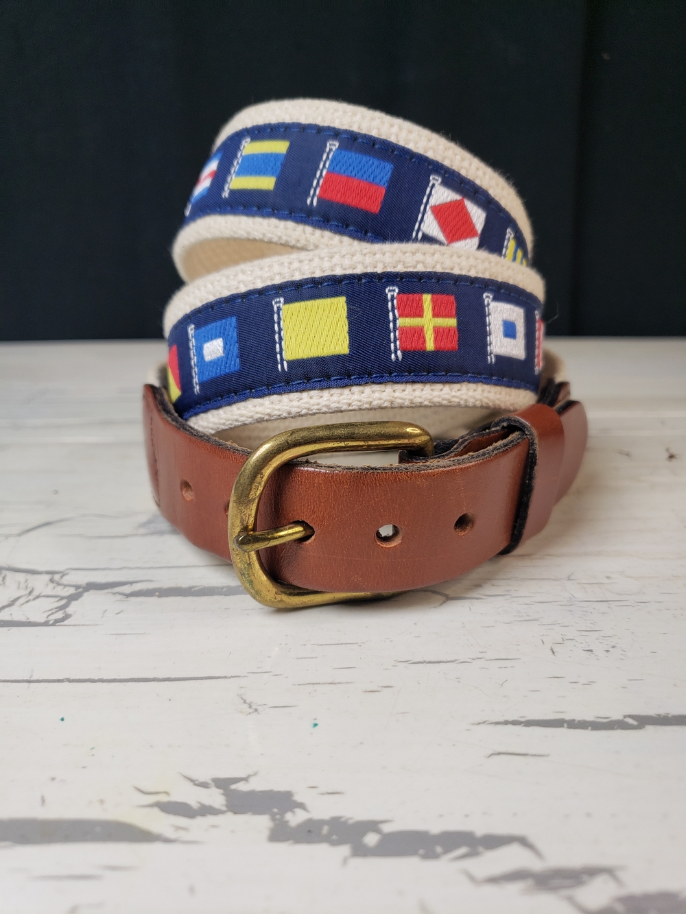 Leather Man Ltd. Nautical Flag Canvas & Leather Belt - Blue, Brown - size 36